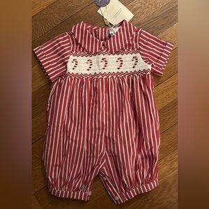 NWT Rachel Riley Red and White Striped Smocked Christmas Onesie